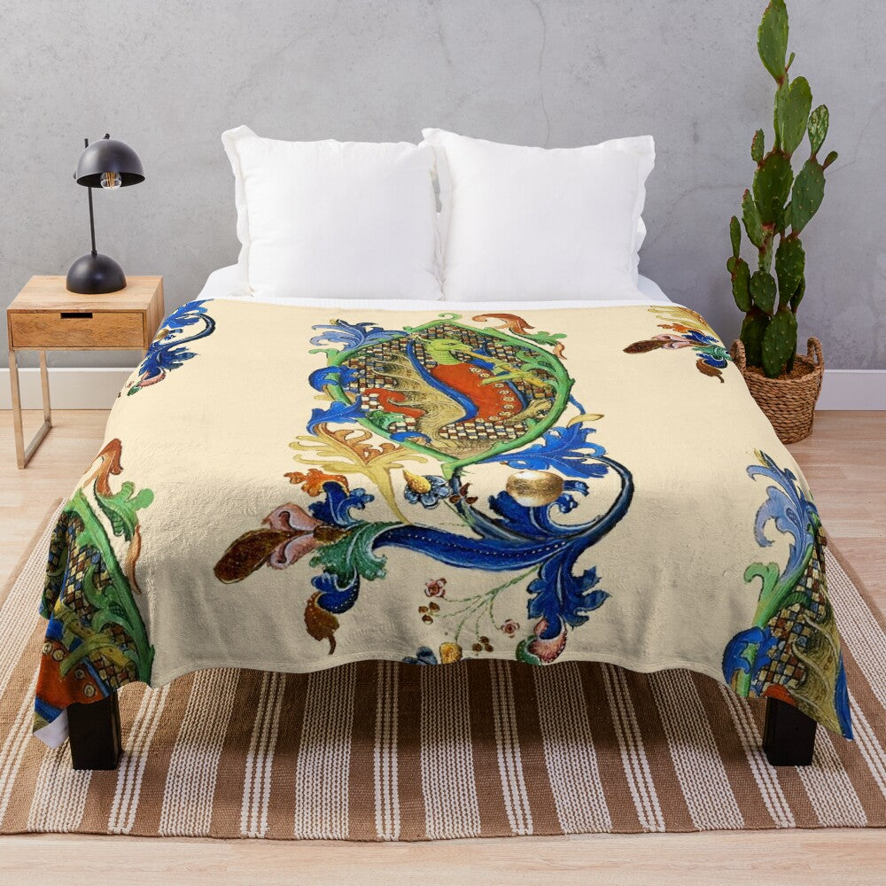 Plush blanket featuring a green dragon playing a flute from a medieval bestiary