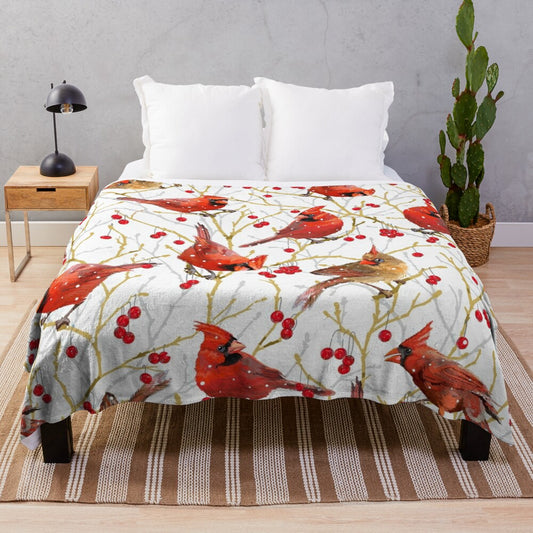 White plush blanket with winter cardinal birds and berries design