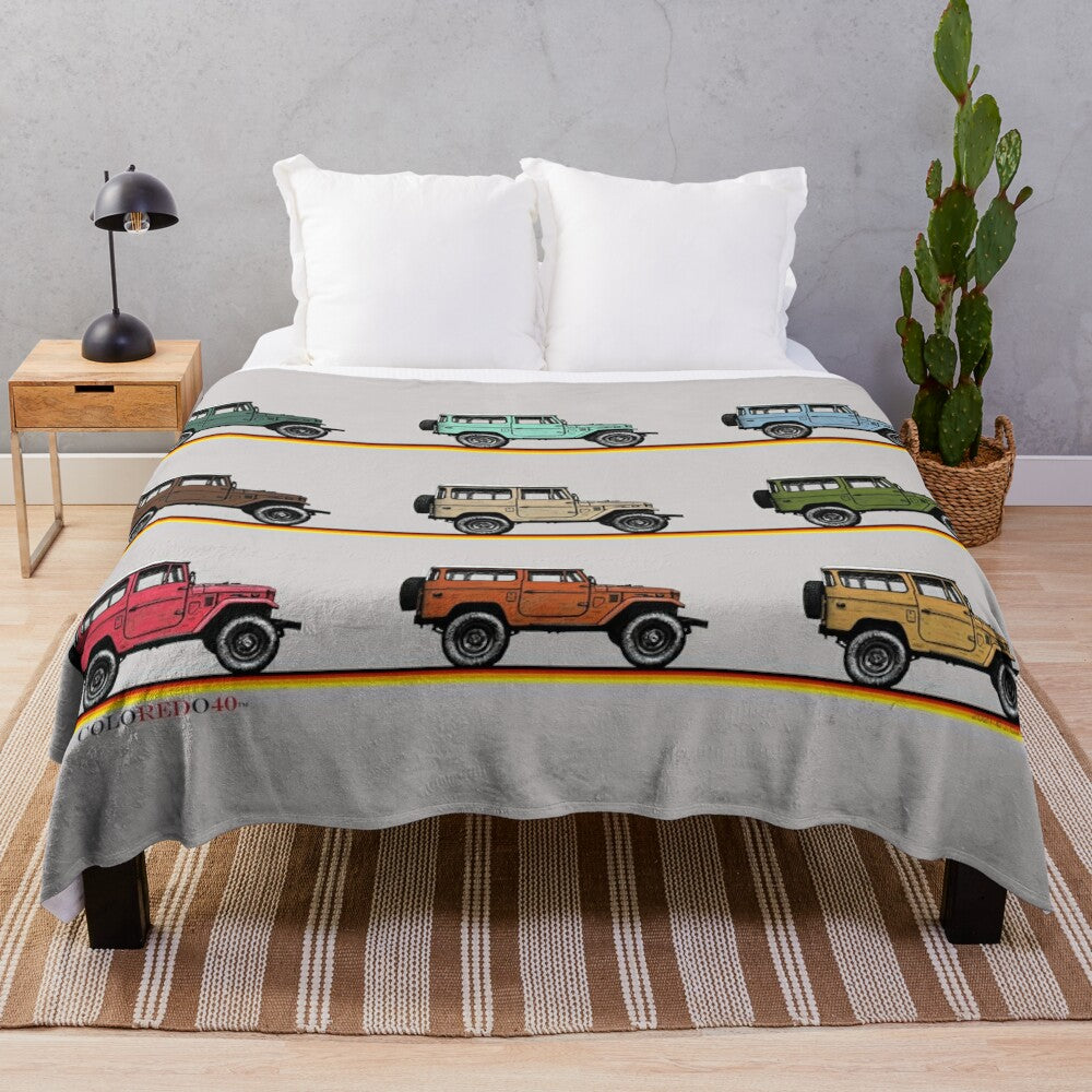 Vintage-inspired Toyota FJ40 Land Cruiser plush blanket with hand-drawn design