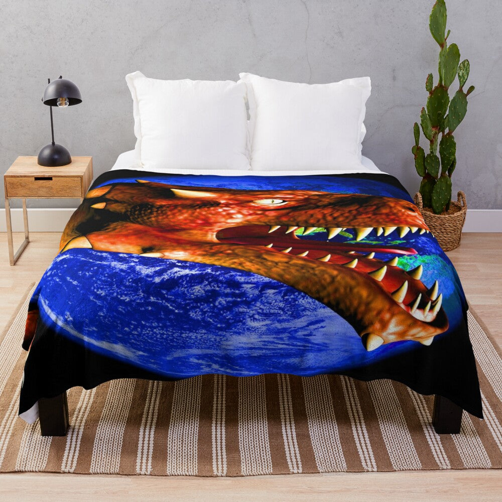 Dragon-themed plush blanket with abstract, colorful patterns