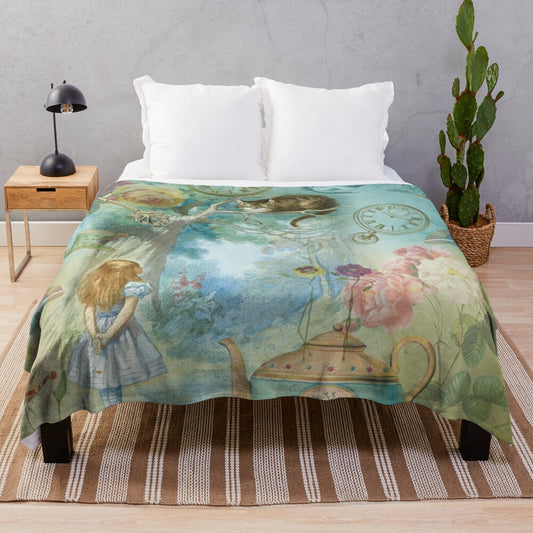 Vintage-inspired plush blanket featuring Alice in Wonderland inspired design