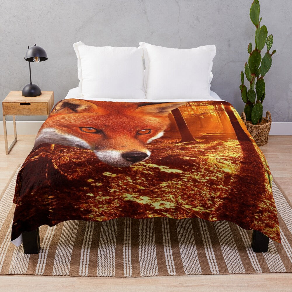 Red fox plush blanket with autumn leaves and forest scenery