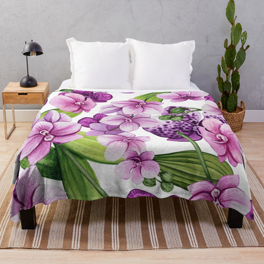 Elegant watercolor orchid floral pattern plush blanket