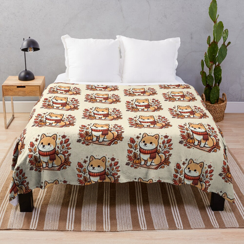 Shiba Inu plush blanket in autumn leaves