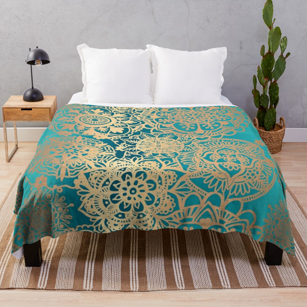 Teal green and gold mandala pattern plush blanket