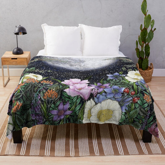 Plush blanket featuring a pen and ink illustration of a magical midnight garden scene with a glowing moon, flowers, and trees