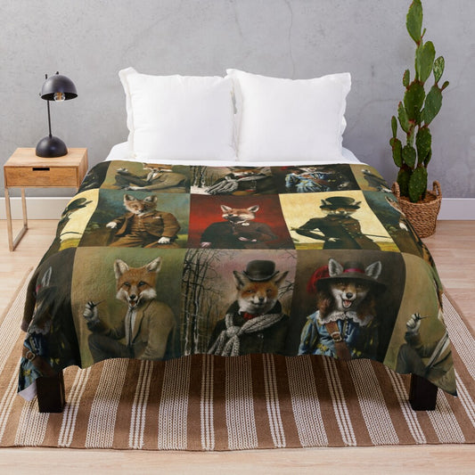 Vintage and historical style plush blanket featuring charming fox illustrations