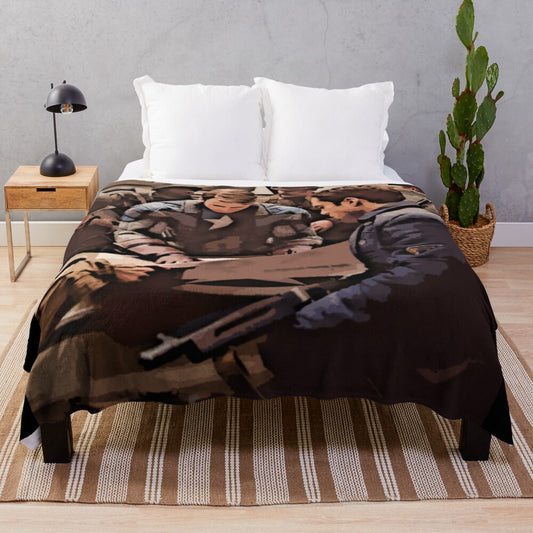 Plush blanket featuring a heroic military-inspired design