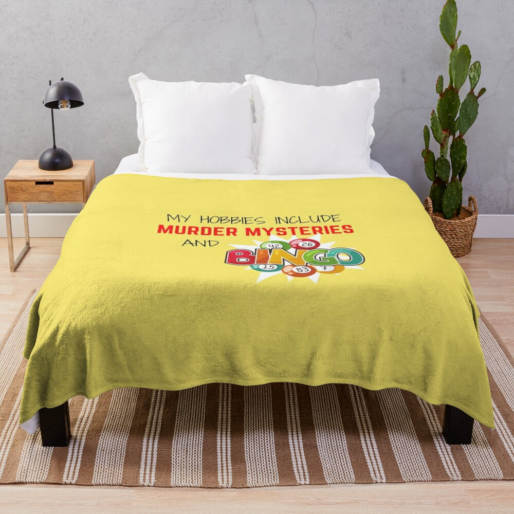 Colorful plush blanket featuring bingo balls and a murder mystery theme