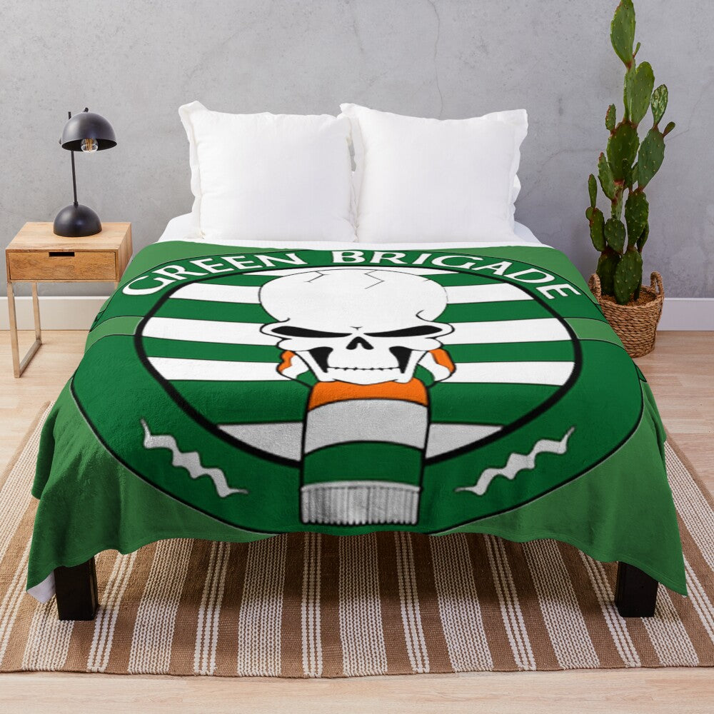 Green Brigade plush blanket with football and Celtic logo