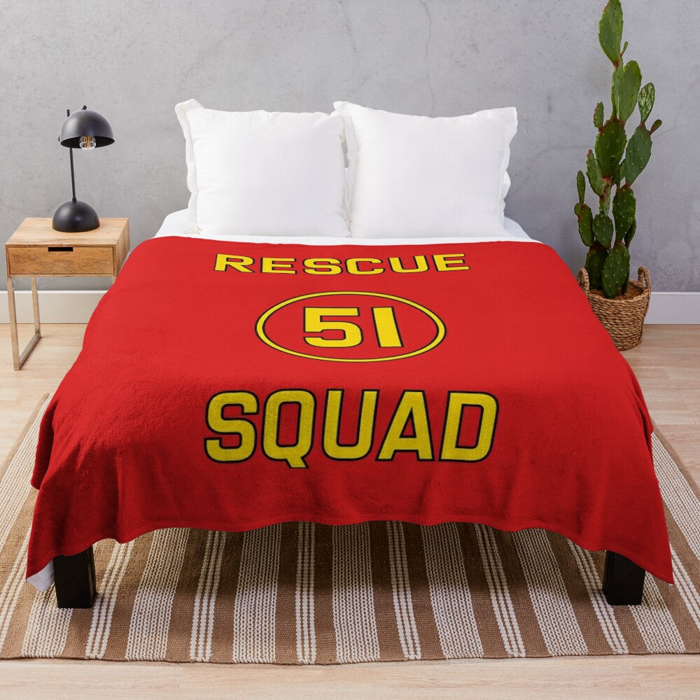 Vintage-inspired Emergency Squad 51 plush blanket with firefighter logo