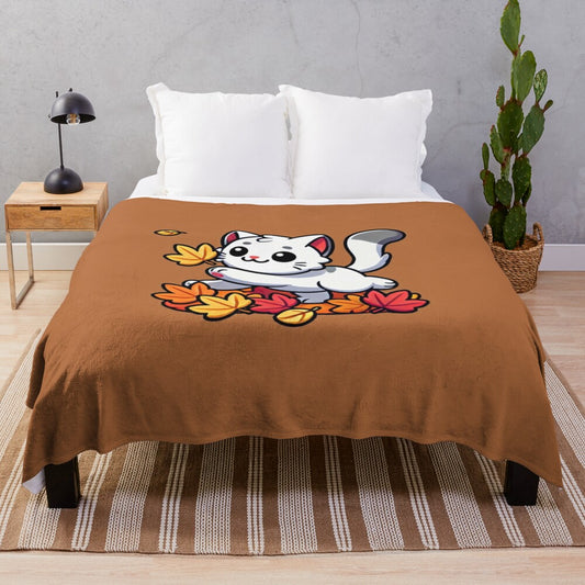 Cute cartoon cat playing with autumn leaves on a plush blanket