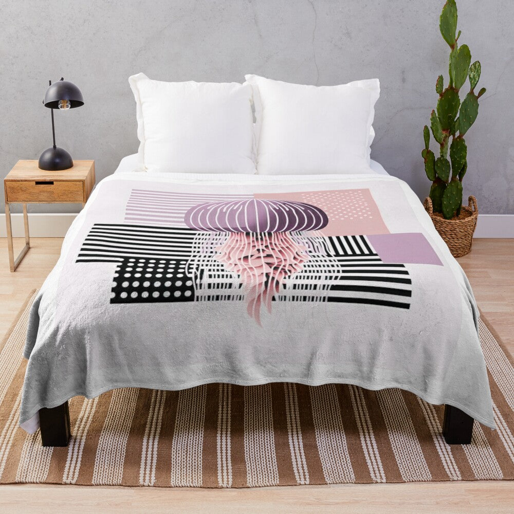 Lilac plush blanket with vibrant jellyfish and bauhaus-inspired pattern