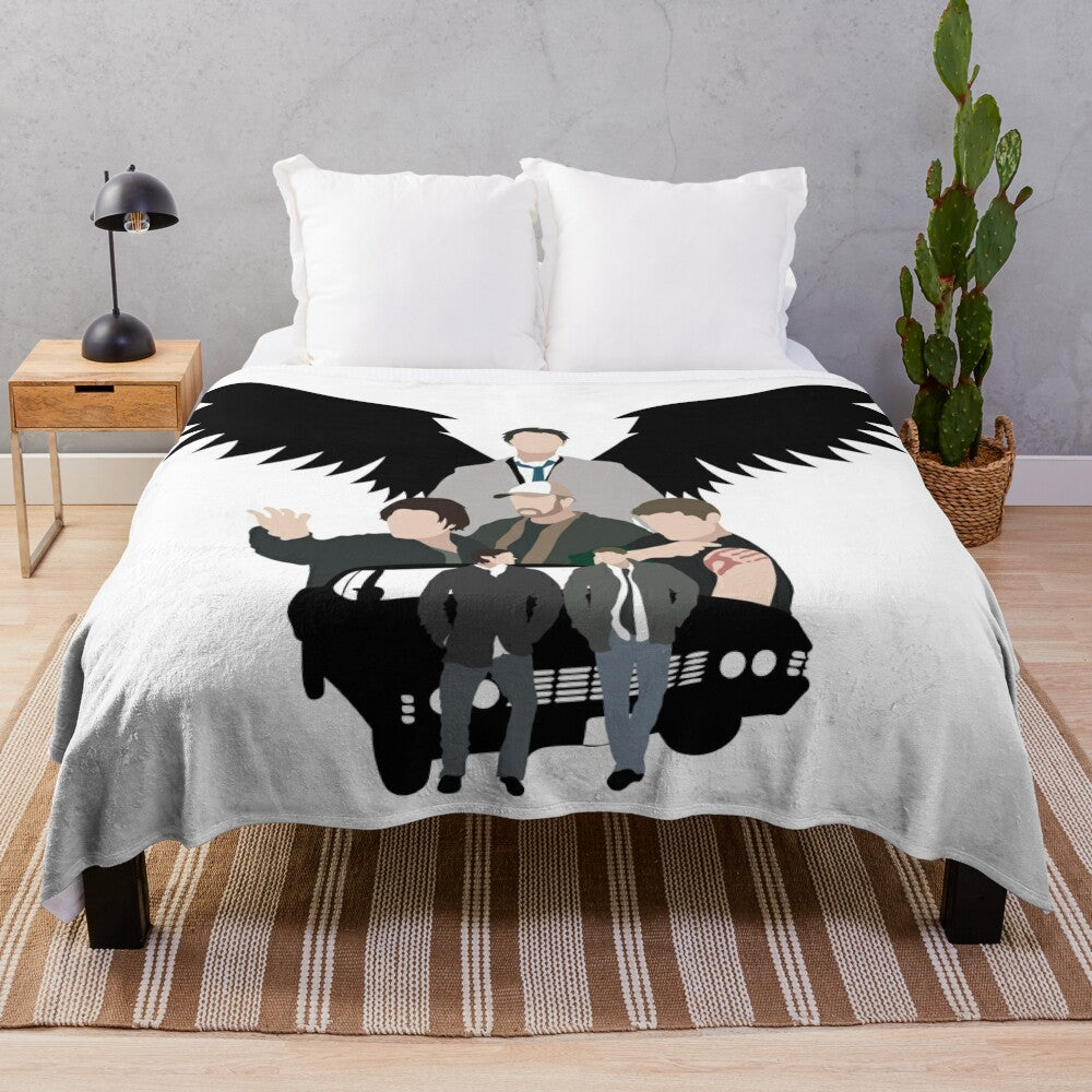 Supernatural-inspired plush blanket featuring a minimalist vector art design of the Winchester brothers