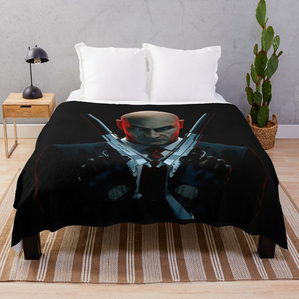 Hitman Agent 47 plush fleece blanket with retro video game design