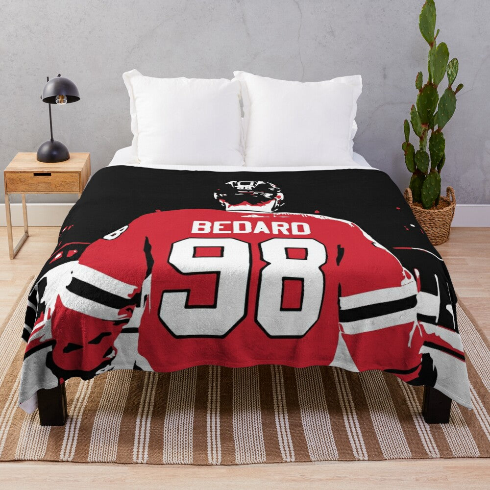 Connor Bedard inspired graphic art plush blanket with Blackhawks colors and design