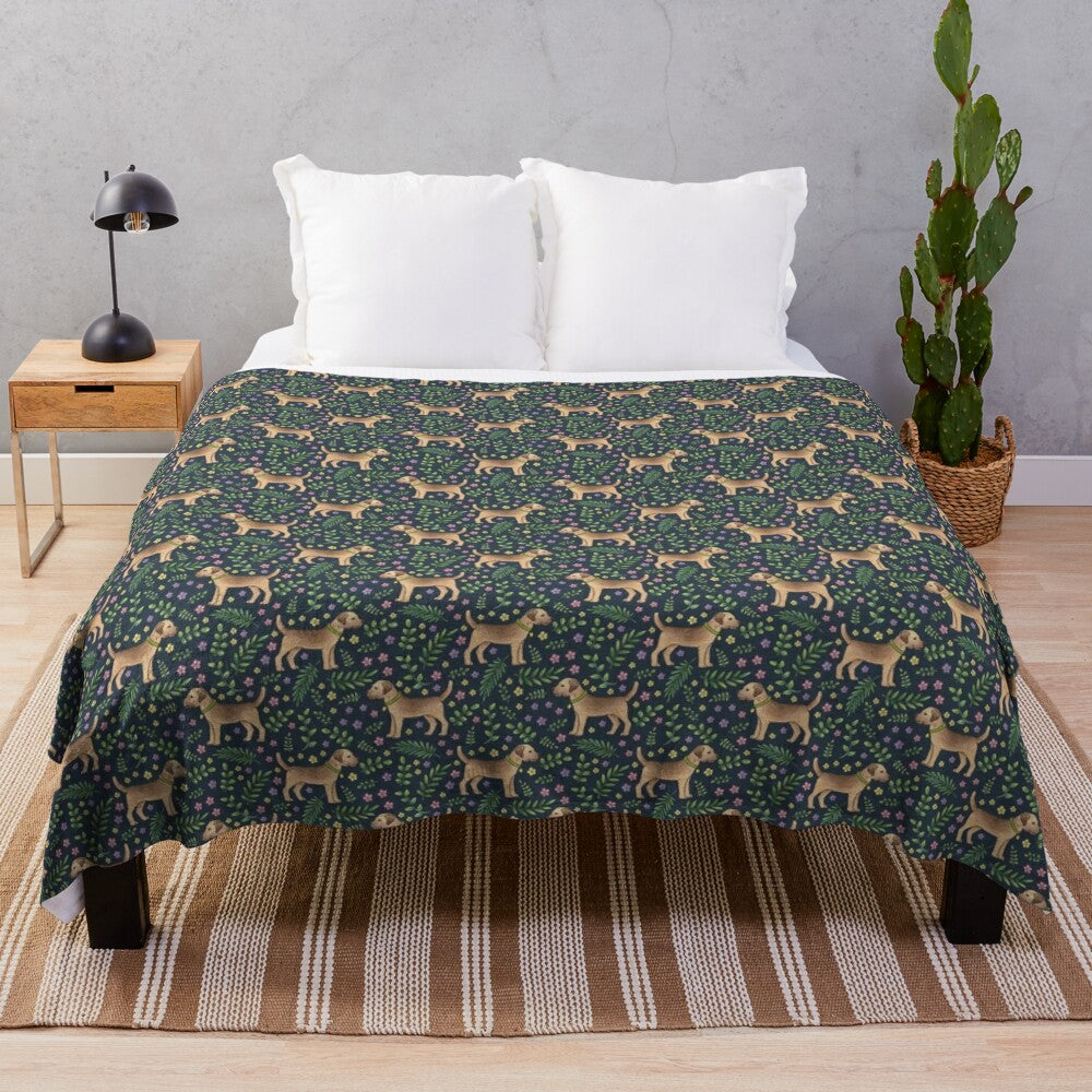 Plush blanket featuring a hand-drawn border terrier in a botanical floral pattern on a navy background