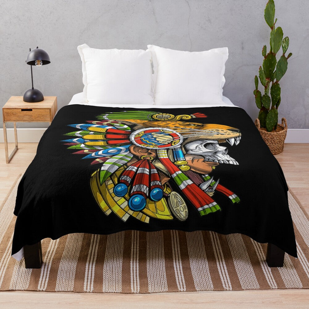 Mayan mythology-inspired plush blanket featuring an Aztec jaguar warrior mask design