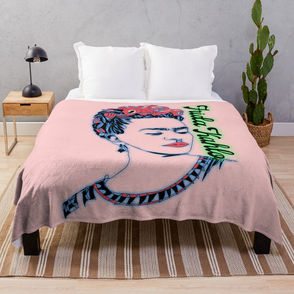 Colorful plush blanket featuring the iconic image of artist Frida Kahlo