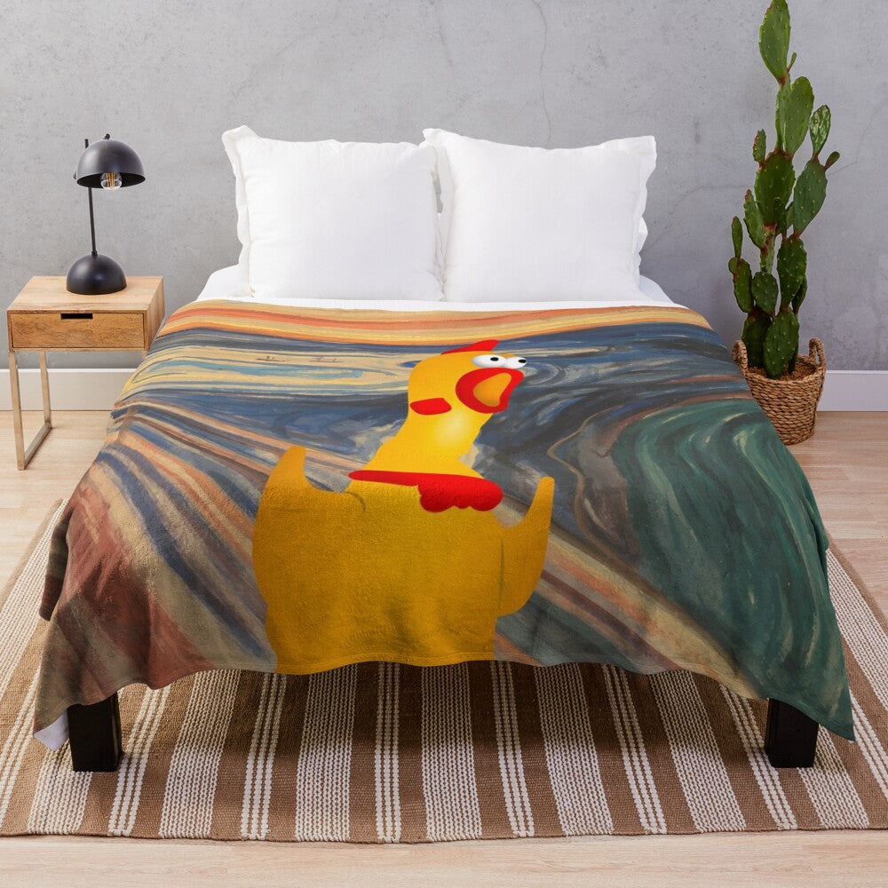 Rubber chicken plush blanket with Edvard Munch's The Scream design