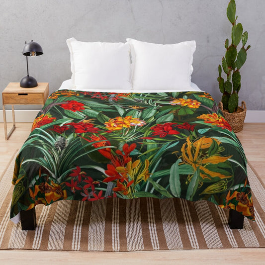 Vintage tropical jungle botanical night garden plush blanket