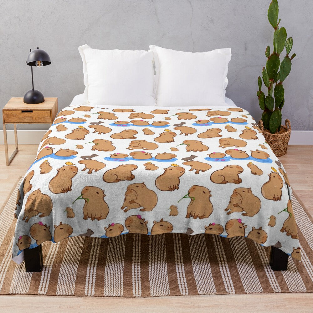 Capybara pattern plush blanket featuring a cute, friendly cartoon capybara design