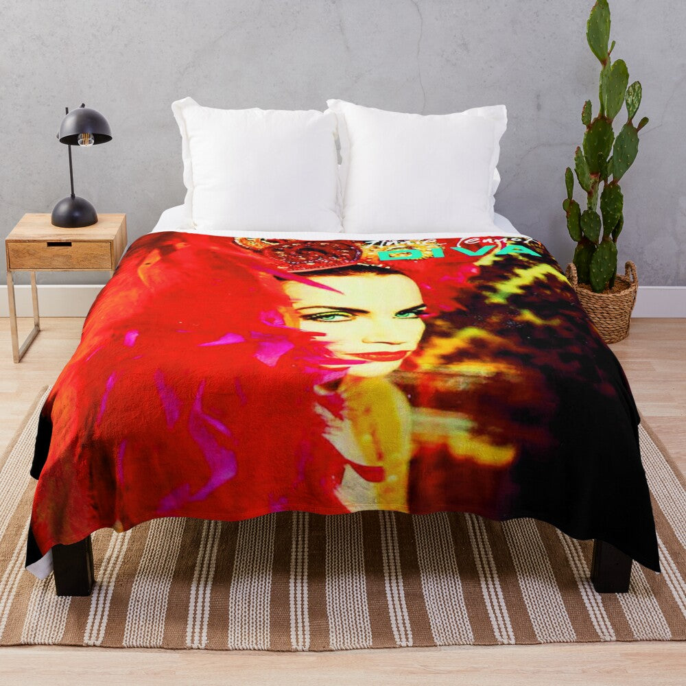 Vintage-inspired plush blanket with pop art design featuring annie lennox and the eurythmics