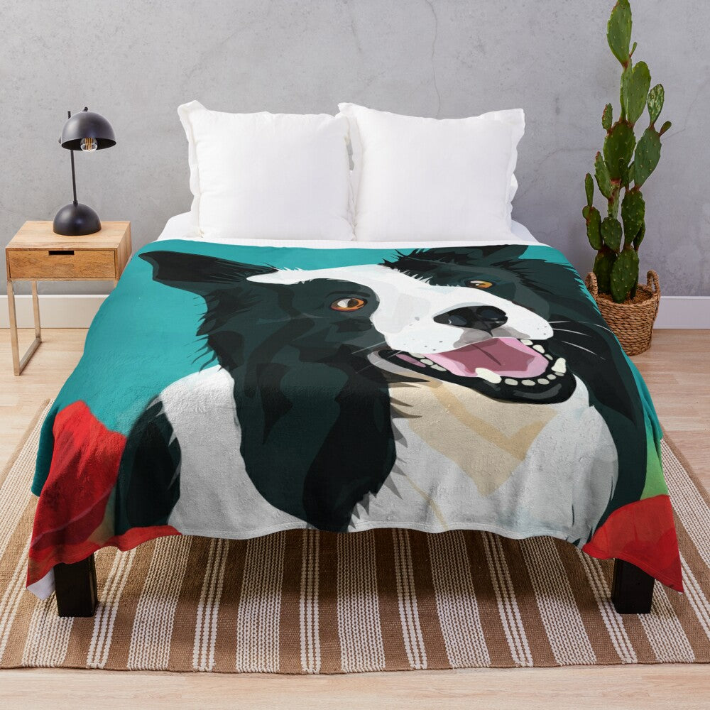 Soft, plush blanket featuring a border collie dog and poppies