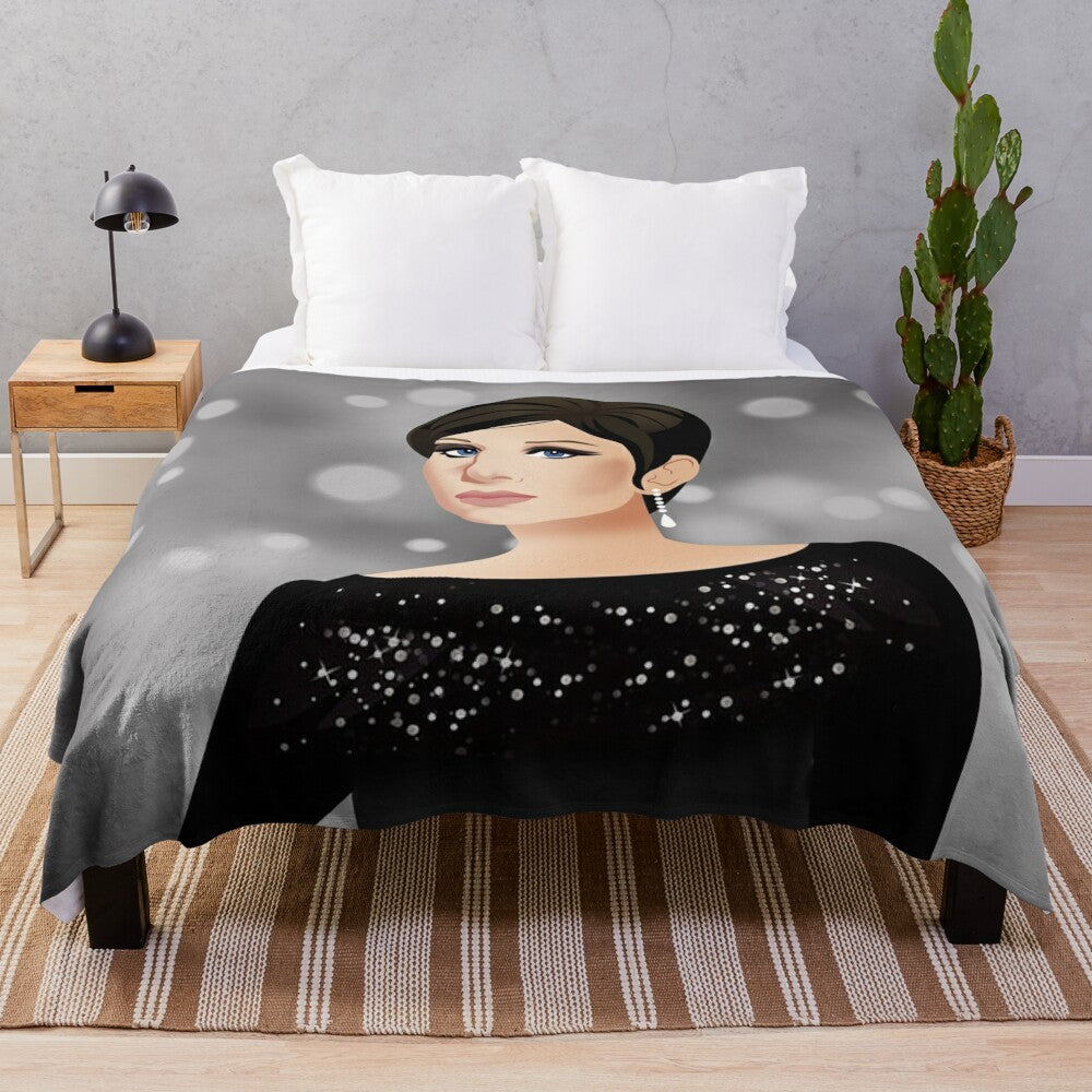 Plush blanket featuring a glamorous illustration of Barbra Streisand's iconic Oscars outfit