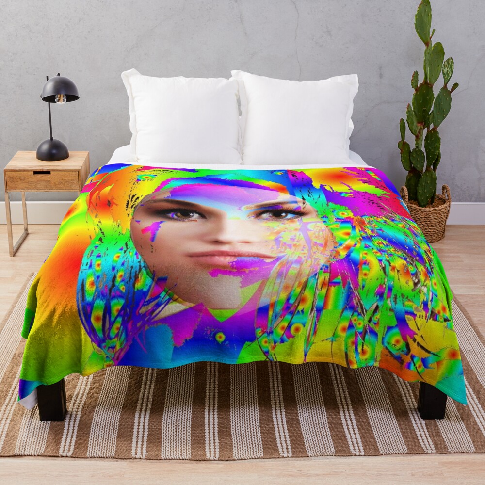 Colorful pop art inspired plush blanket with abstract woman design