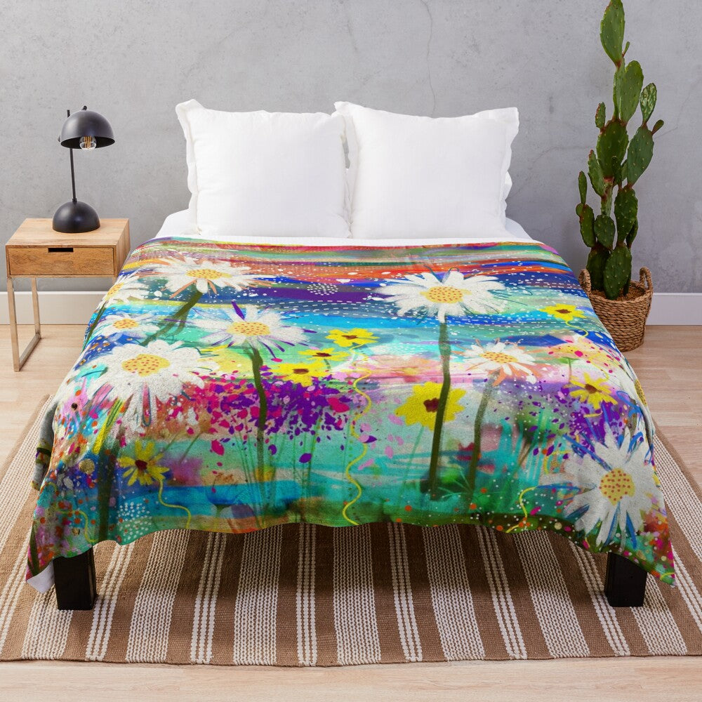 Vibrant colorful daisies floral art printed on a plush blanket