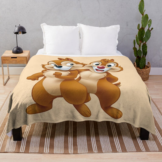 Soft and cozy plush blanket featuring Chip and Dale chipmunks, perfect for snuggling up