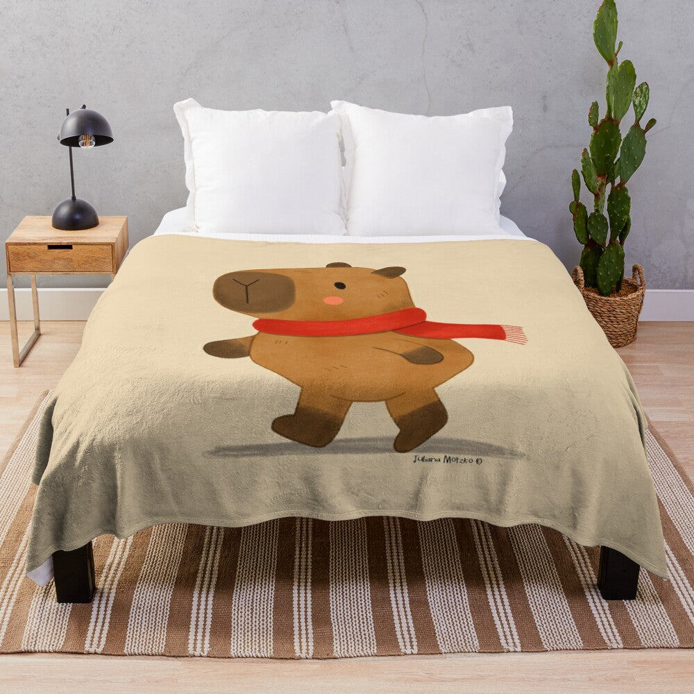 Cozy plush blanket featuring a happy capybara wearing a scarf