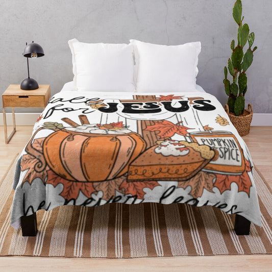 Plush blanket with autumn leaf and inspirational Christian design