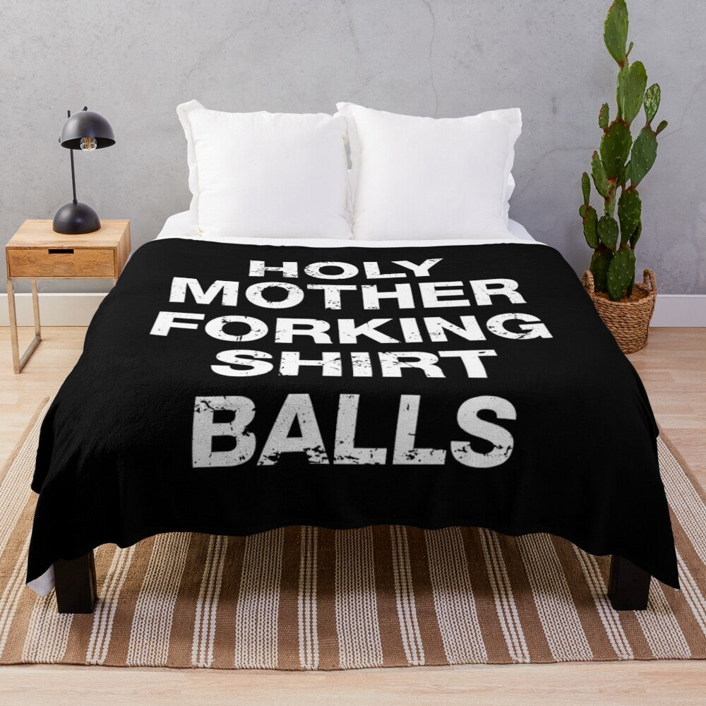 "Holy Forking Shirt Balls" plush blanket featuring a funny quote from The Good Place TV show