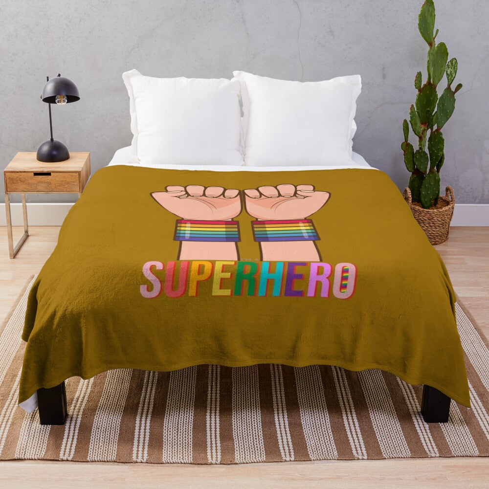 Colorful superhero-themed plush blanket with comic book design