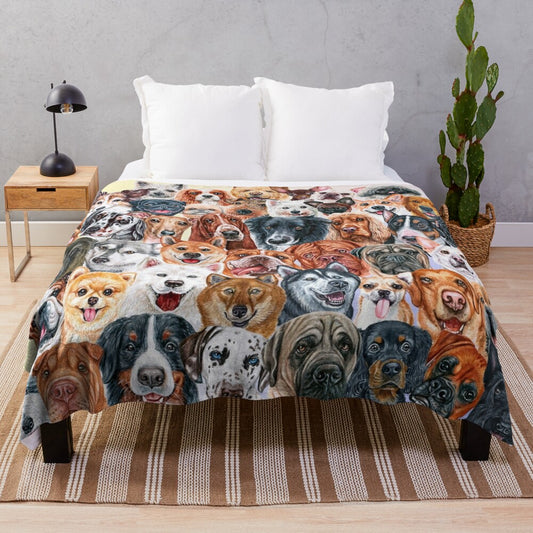 Colorful collage of painted dog faces on a plush blanket