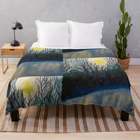 Cozy winter landscape plush blanket with trees and snow