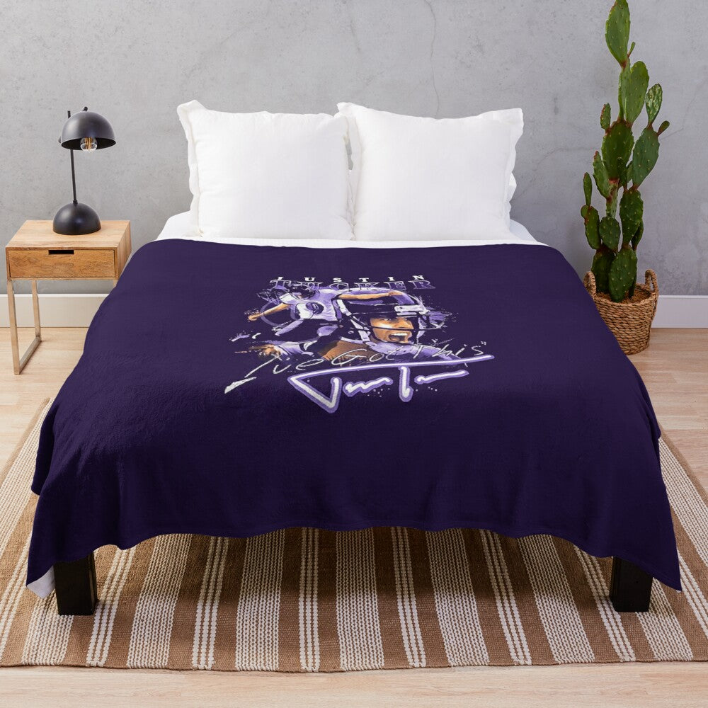 Justin Tucker inspired plush blanket with Baltimore Ravens design