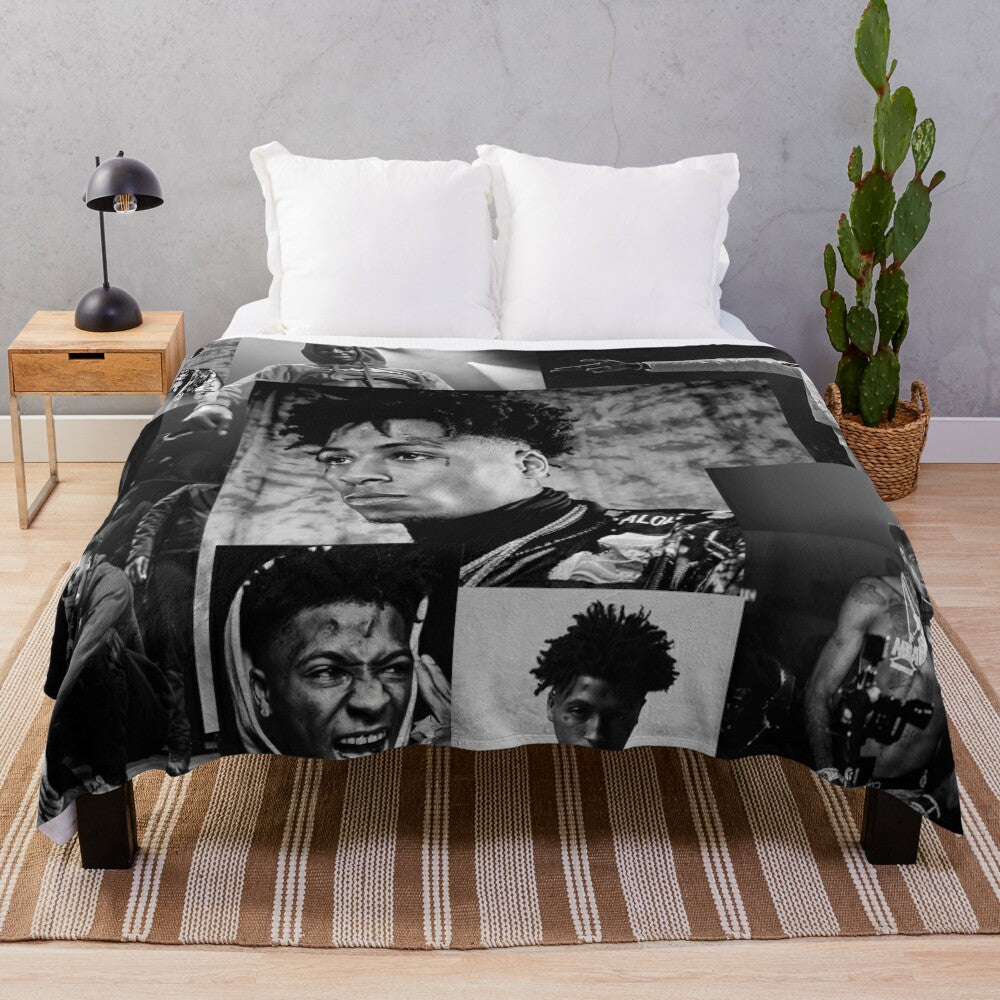 Youngboy inspired plush blanket featuring a black and white collage design