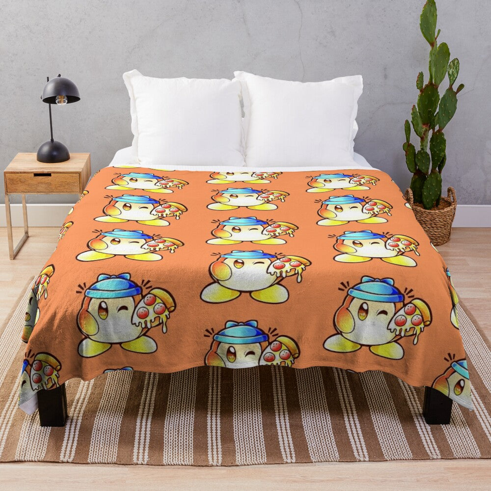 Soft and cuddly plush blanket featuring a Waddle Dee character from the Kirby video game series surrounded by a colorful pizza design