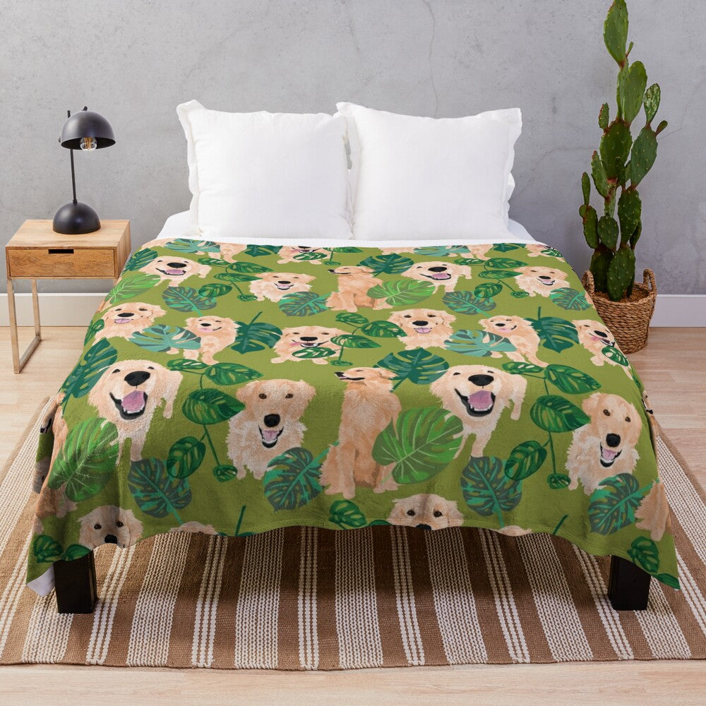 Golden retriever curled up on a tropical-themed plush blanket