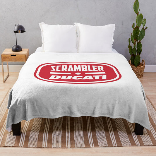 Cozy plush blanket featuring the iconic Scrambler Ducati motorcycle logo