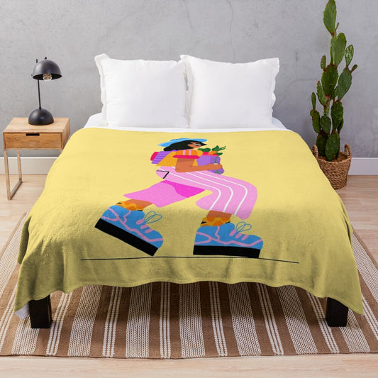 Vibrant plush blanket with a shopping theme featuring a happy girl and colorful fruits and vegetables