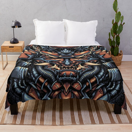 Oni mask inspired plush blanket featuring Japanese culture art