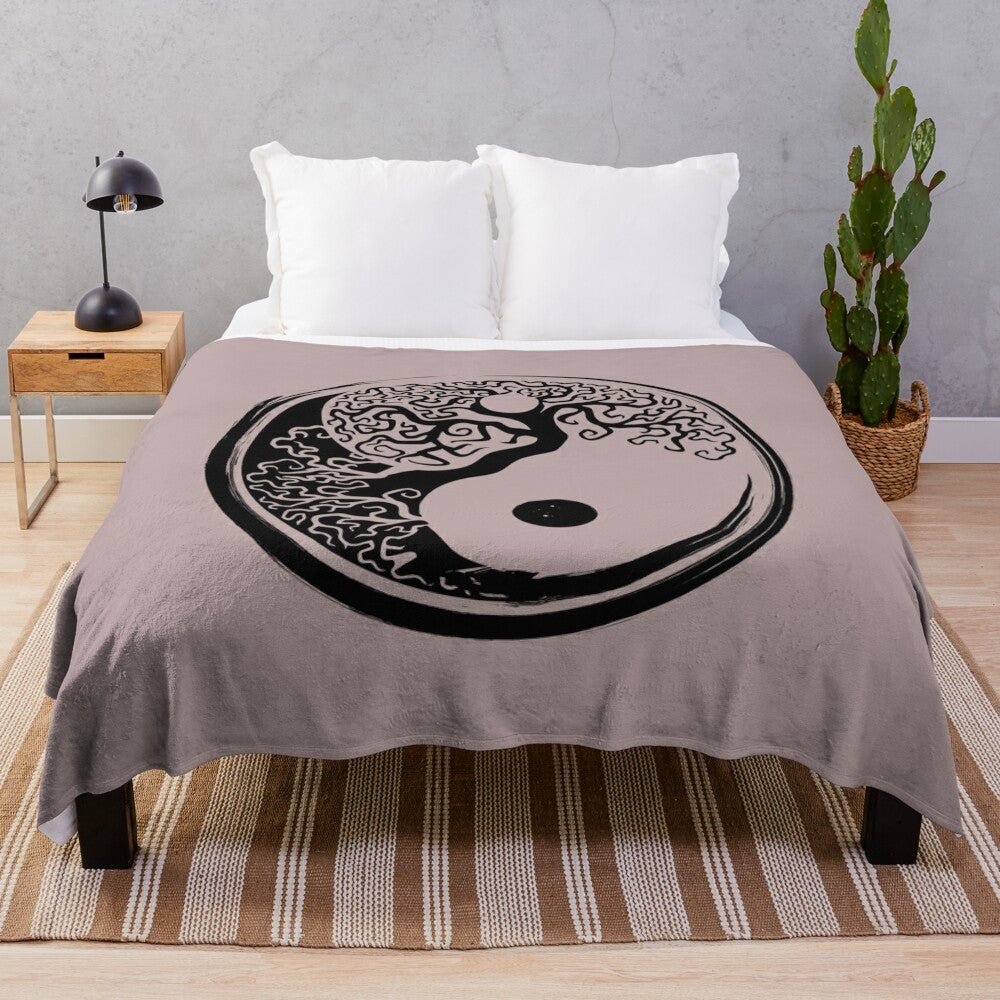 Soft and cozy yin yang plush blanket with bonsai tree design