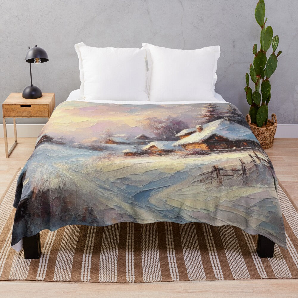 Colorful winter landscape plush blanket featuring a palette knife painting of a scenic winter scene