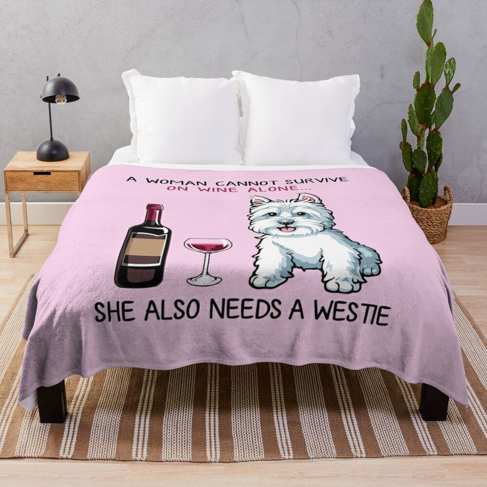 Westie dog on a plush blanket with a wine glass design