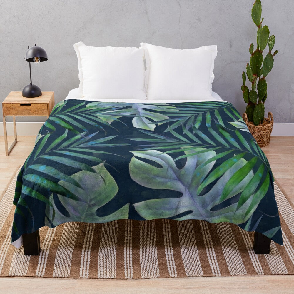 Tropical night leaves design plush blanket