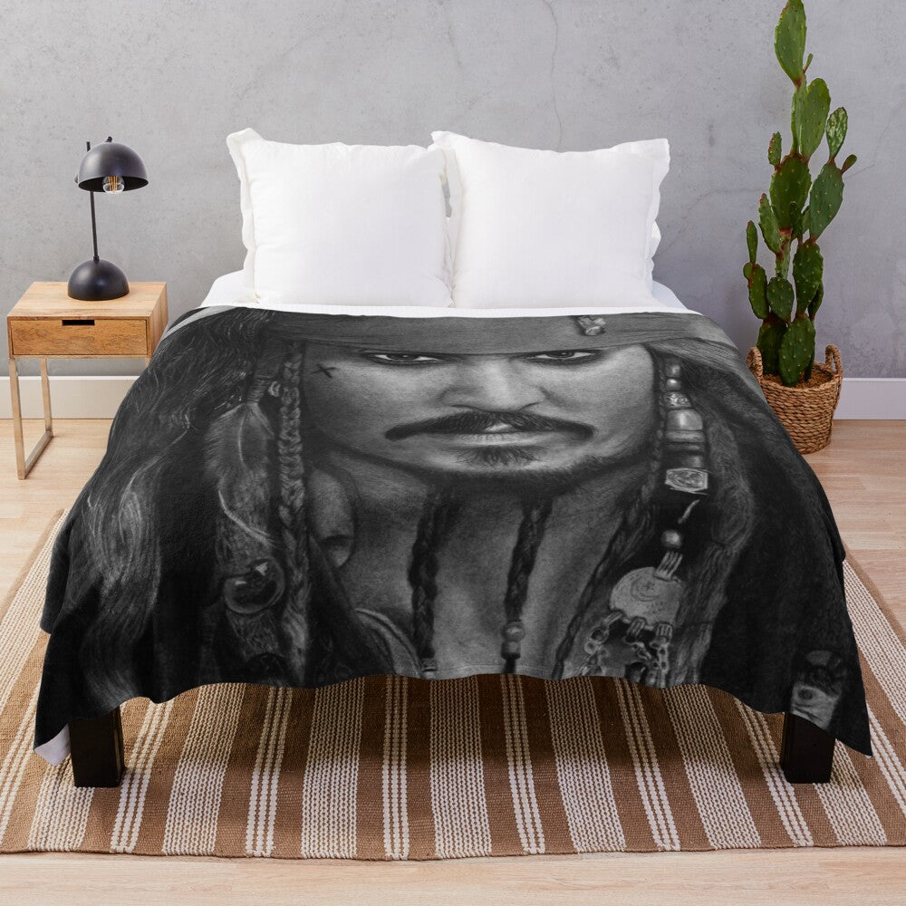 Hyperrealistic Jack Sparrow plush blanket featuring a detailed portrait of the iconic movie character